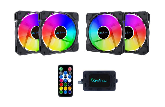 Apevia FB4-RGB Frostblade 120mm Silent RGB Color Changing LED Fan for Gaming with Remote Control, 16x LEDs & 8X Anti-Vibration Rubber Pads (4-pk)