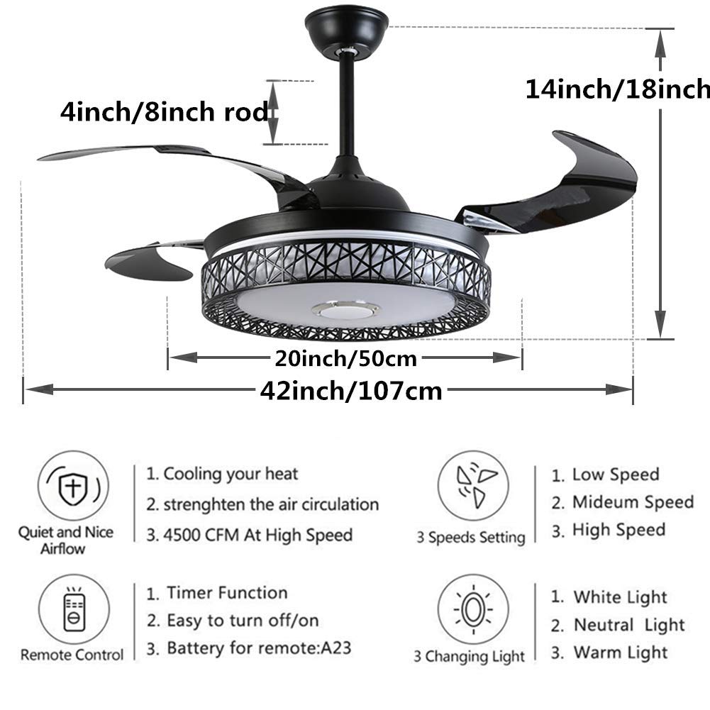 Fandian 42in Modern Smart Ceiling Fan with Lights Bluetooth Speaker Chandelier Lighting Fixtures, Remote Control, Retractable Blades, 3 Light Colors