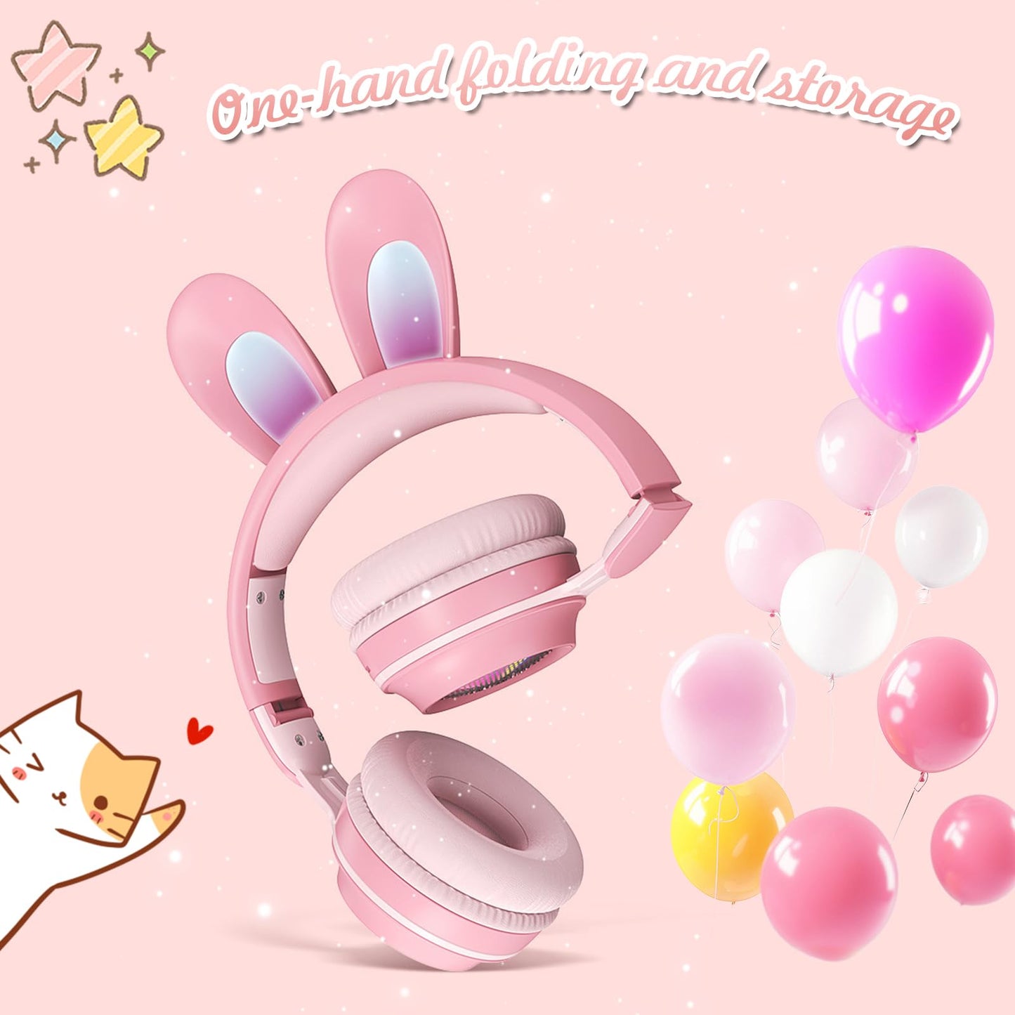 KERHAND Kids Bluetooth Cat Ear Headphones LED Light, Noise Cancelling, Pink