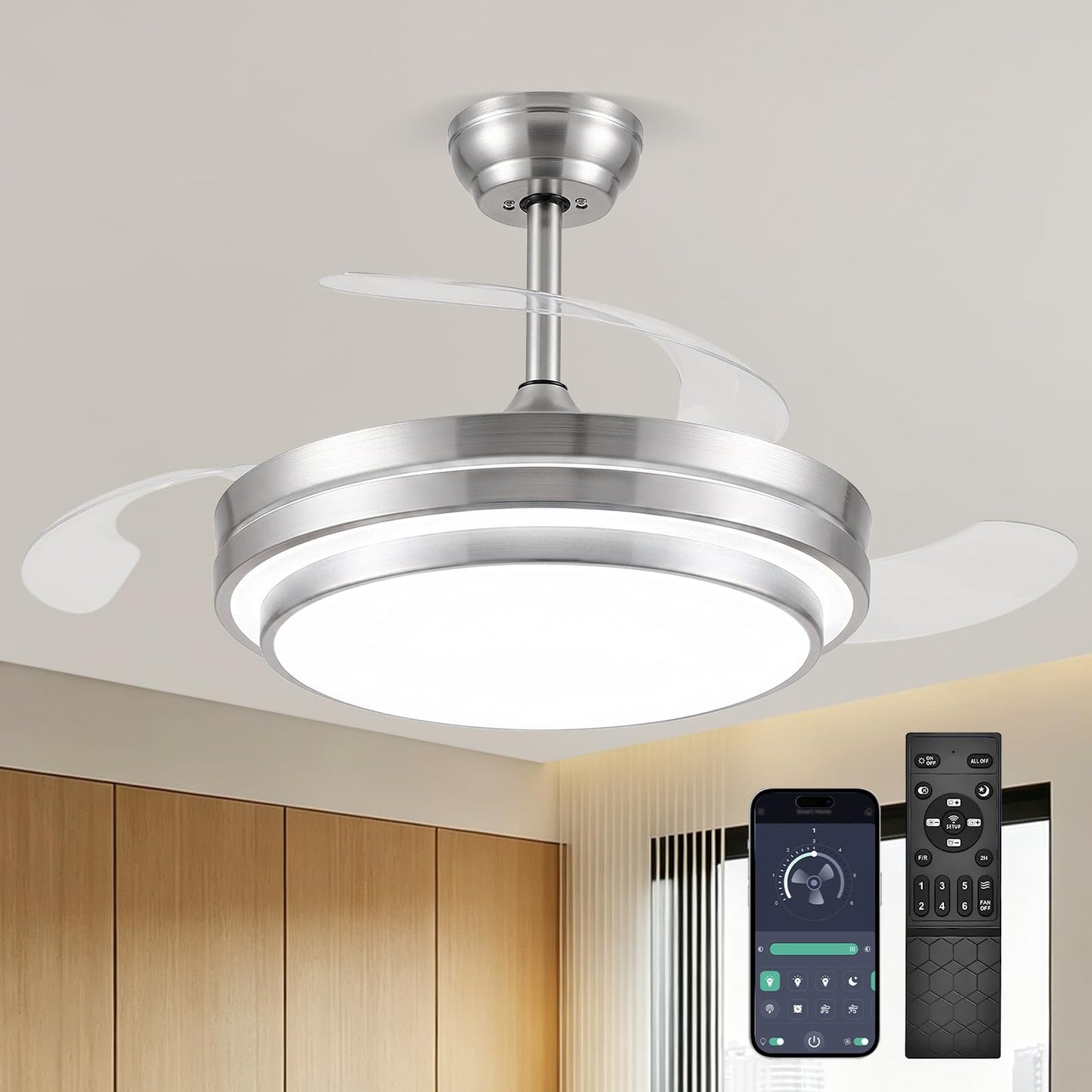 48 Inch Fandelier Ceiling Fan with Light,Modern Retractable Ceiling Fan with Lights and Remote/APP;6Speed,Silent Reversible Motor,Timer,Chandelier Fan