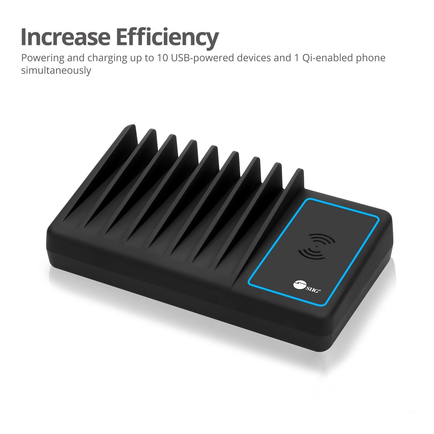 SIIG 10 Port 90W USB Charging station with Qi wireless and USB C Charging, Ambient Light Deck compatible with iPhone iPad Samsung Galaxy Google Nexus