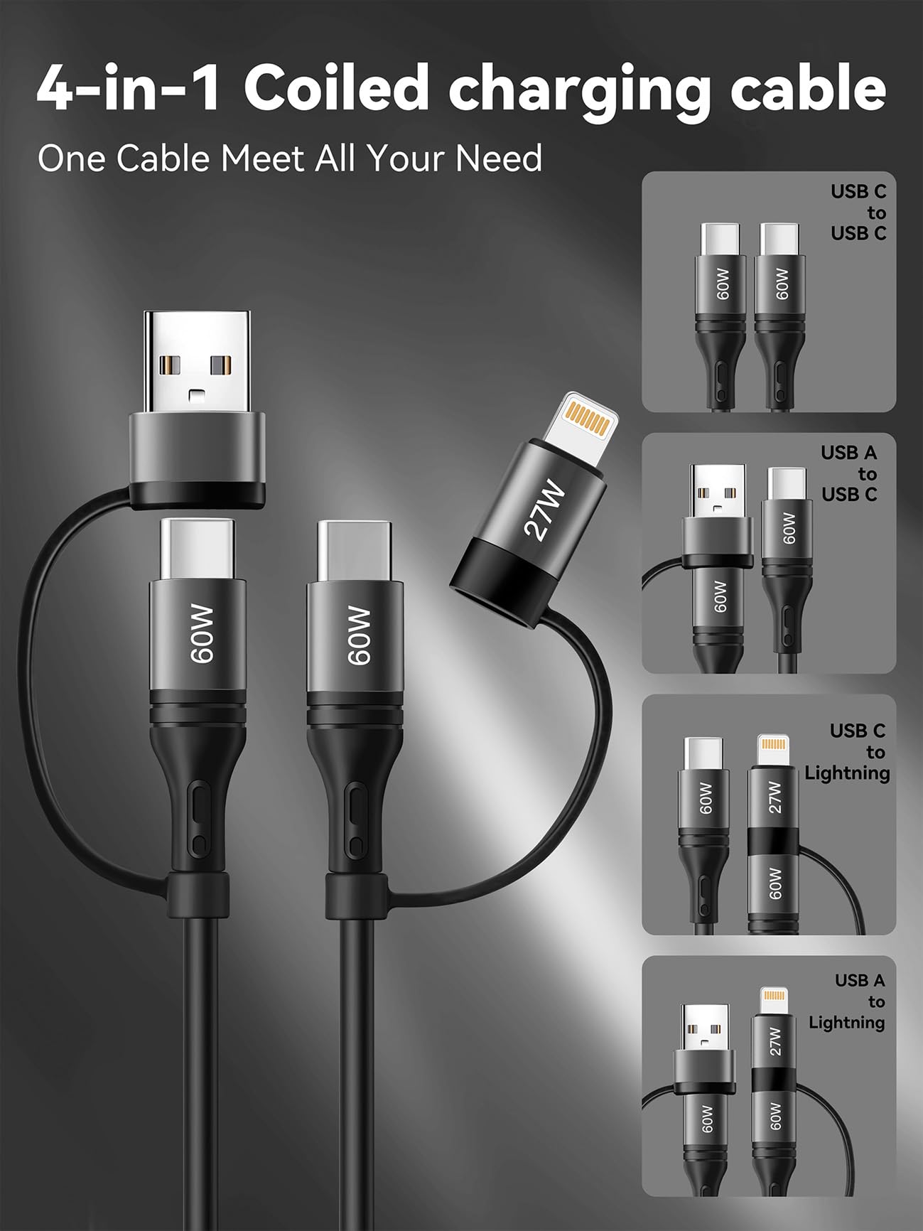 60W Coiled USB C Cable,iPhone Charger Cable for Car 2Pack 4FT [MFi Certified] Coiled Lightning Cable Fast Charging USB C to Lightning Cord