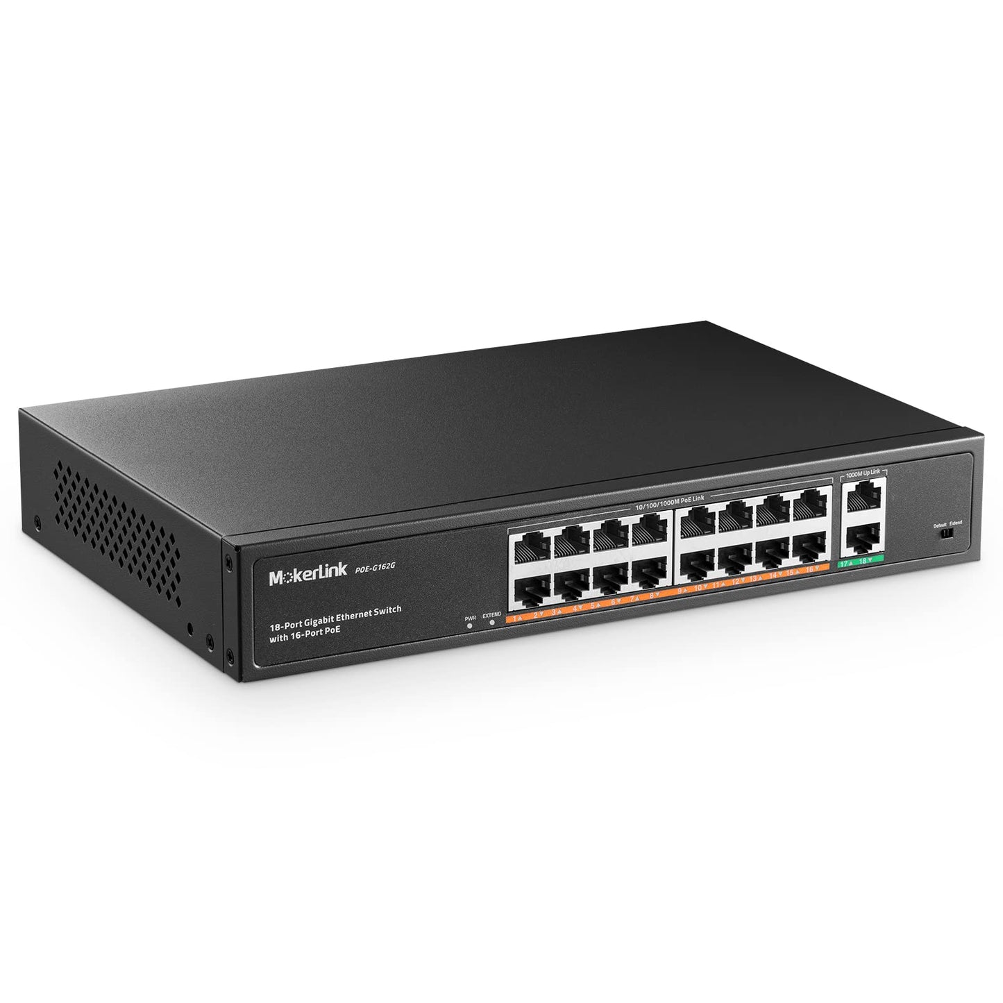 MokerLink 18 Port Gigabit PoE Switch, 16 Gigabit PoE+ Ports, 2 Gigabit Uplink, 250W IEEE802.3af/at, Metal Rackmount Unmanaged Plug and Play Ethernet