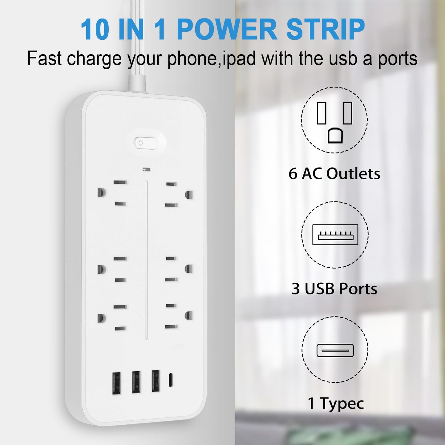 Power Bars with Surge Protector, Flat Plug Exetnsion Cord, Power Strip Outlet Extender with 6 Outlets and 4 USB Ports(1 USB C), Wall Mount for Home