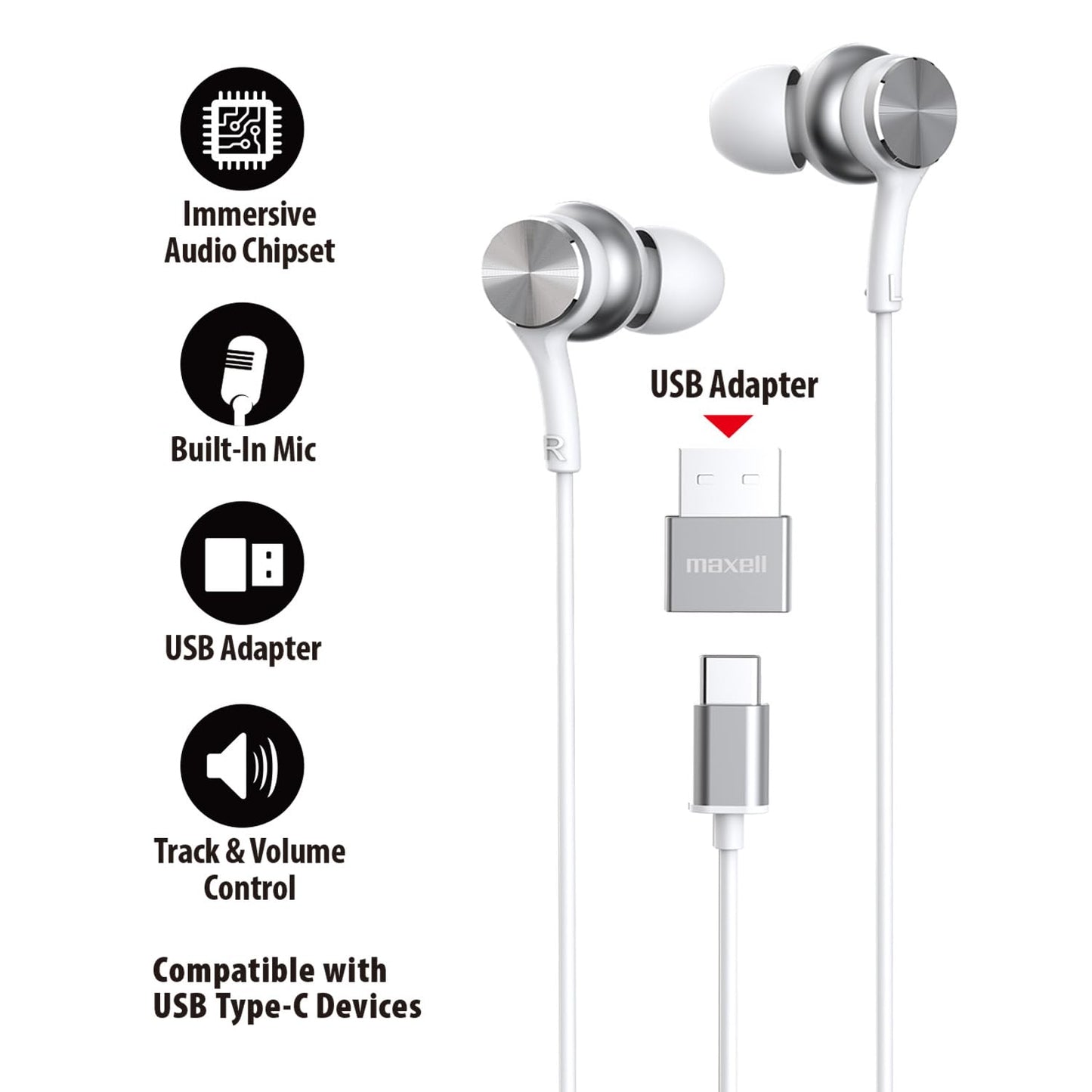 Maxell USB-C Wired Earbuds with USB-A Adapter, Built-in Microphone with Volume and Track Control, Compatible with All Devices with a USB-C and/or…