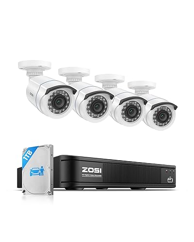 ZOSI H.265+ Full 1080p Home Security Camera System Outdoor Indoor, 5MP-Lite CCTV DVR 8 Channel with AI Human Vehicle Detection, 4 x 1080p Weatherproof