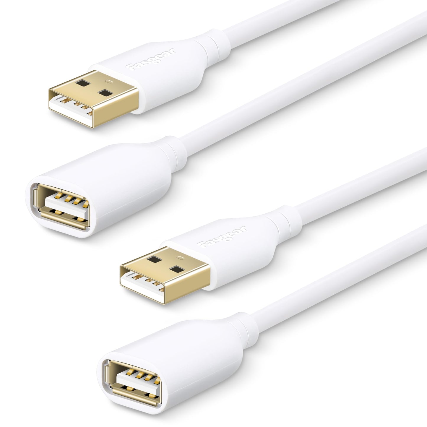 Fasgear 2 Pack 10ft+10ft USB Extension Cable - Bright White USB Extender Cord USB 2.0 Data Transfer Male to Female Extension Cord with USB Ports