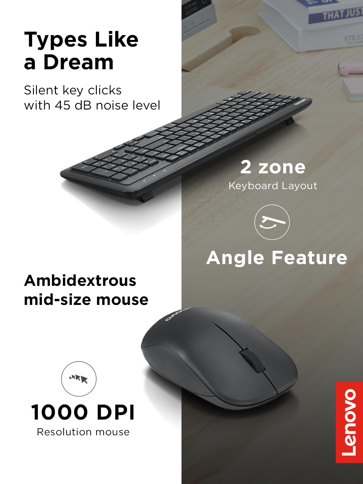 Lenovo 300 Wireless Combo Keyboard and Mouse, 2.4 GHz Nano USB-A Receiver, Batteries Included