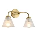 Prosaiet Bathroom Vanity Light, Brushed Gold 2-Light Bathroom Light Fixtures Over Mirror, Clear Ribbed Glass Shades, E26 Wall Sconce Lighting