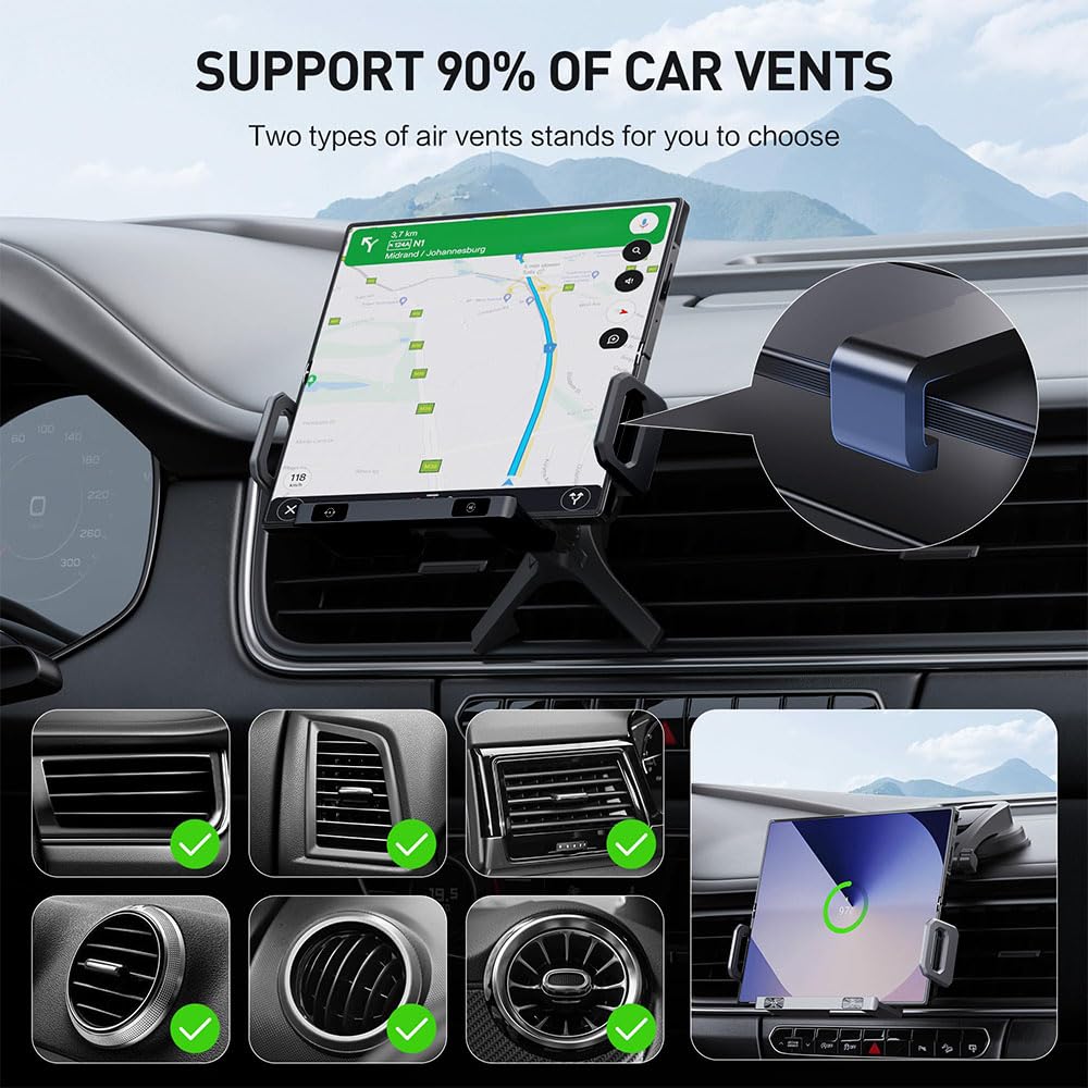 Famous Tech Shop Wireless Car Charger Mount 15W Fast Charging Phone Holder with Auto Rotation, Dual Mount Dashboard and Windshield Car Phone Holder