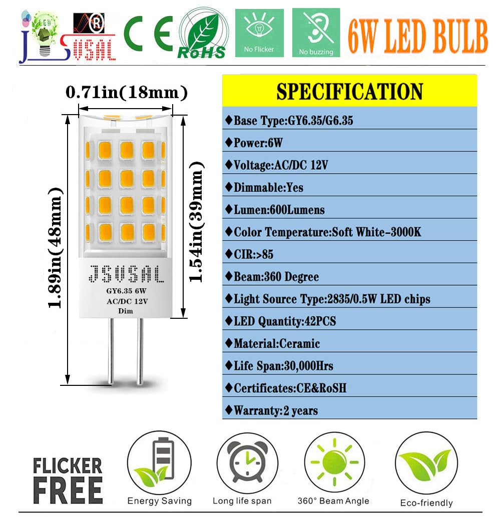 JSVSAL GY6.35 G6.35 LED Bulb Dimmable,AC/DC 12V, Soft White 3000K,4-Pack