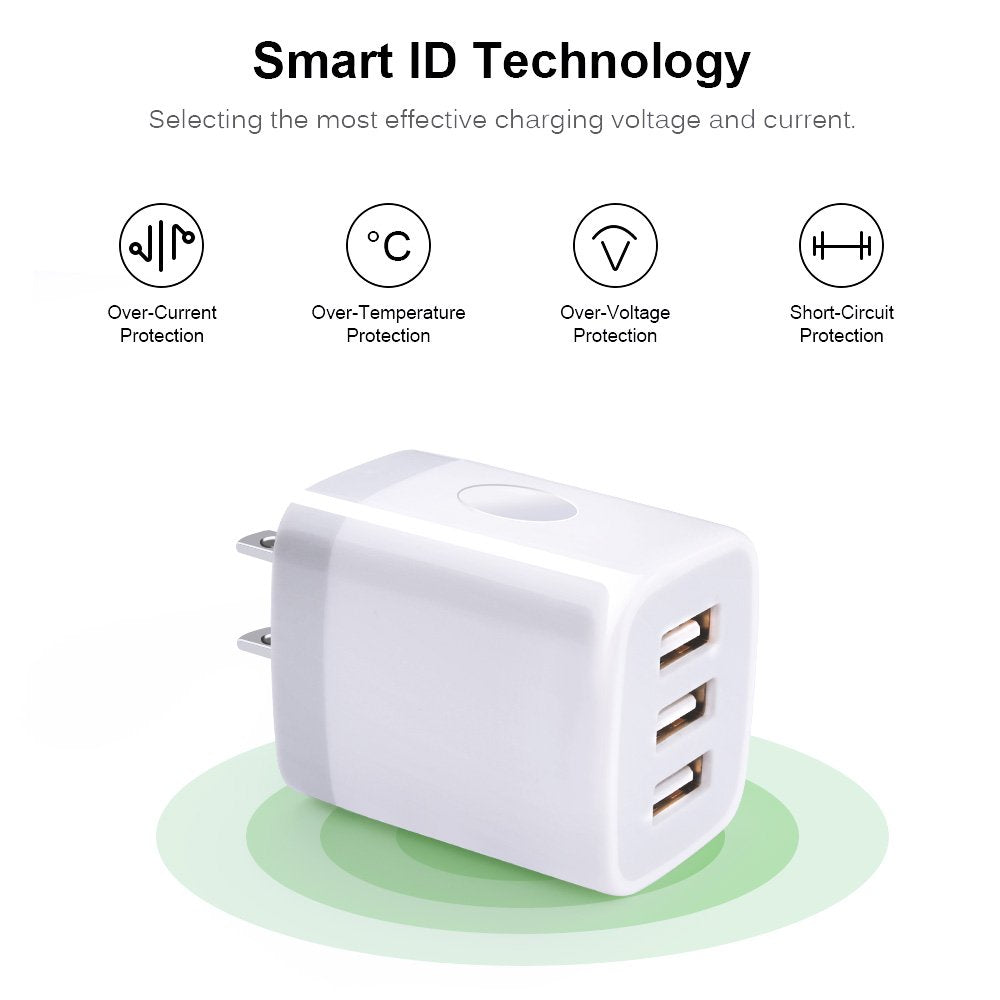 USB Wall Charger,Sicodo 3-Port Travel Smartphone Quick Charger 2 Pack 3.1Am Block USB Adapter Power Plug Charging Station Box Compatible with iPhone