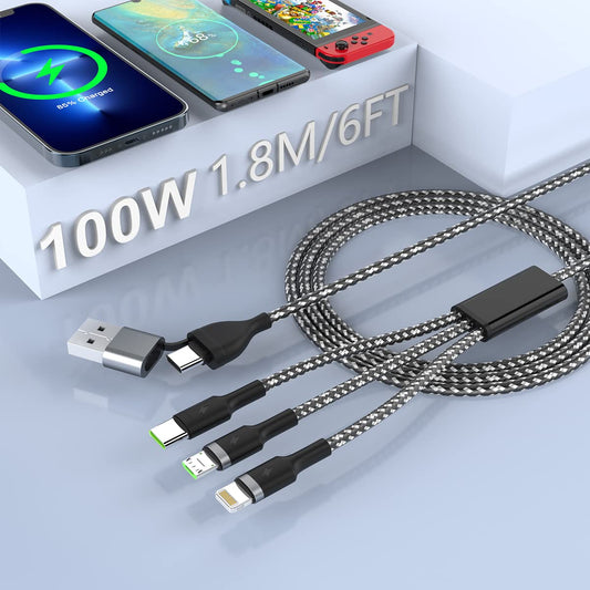 PD 100W USB C to Multi Charging Cable - 6FT Universal 5 in 2 Fast Charging Cord - 5A Nylon Braided USB PD Cable - USB C to Lightning/Type C/Micro USB…