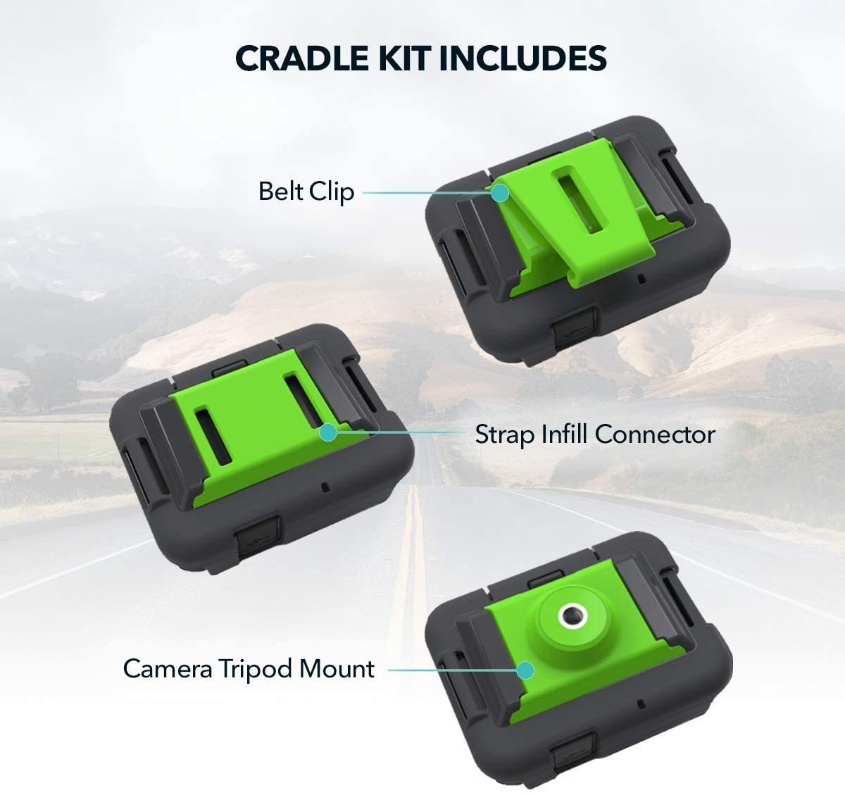 ZOLEO Cradle Kit Accessory Including 3 Inserts - Belt Clip, Strap Infill Connector and Camera Tripod Mount