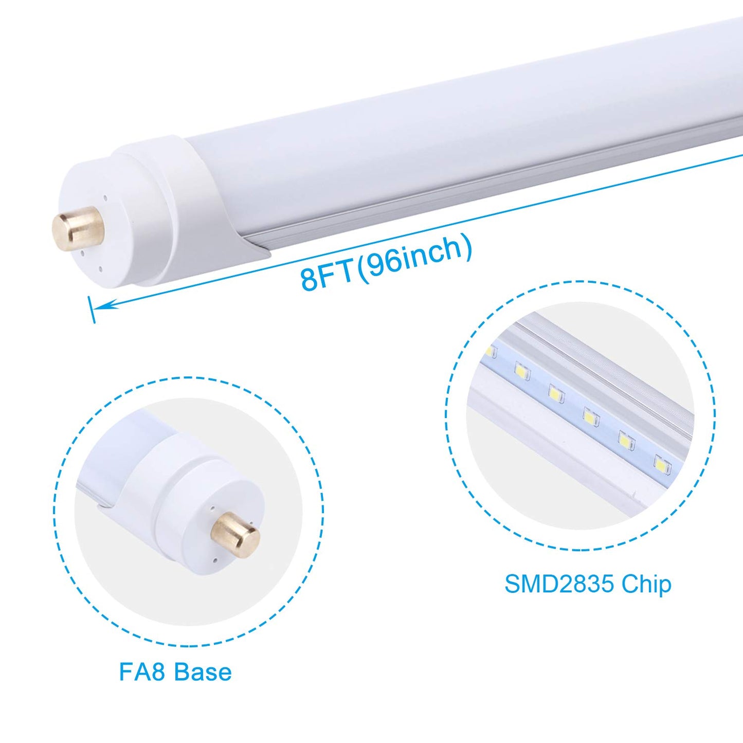 FALANFA Single Pin T8 96" 8ft LED Tube 45W, 8' LED Fluorescent Tube Replacement,AC 85V 277V Input, 5000K Super Bright White,4500LM Frosted Lens Cover