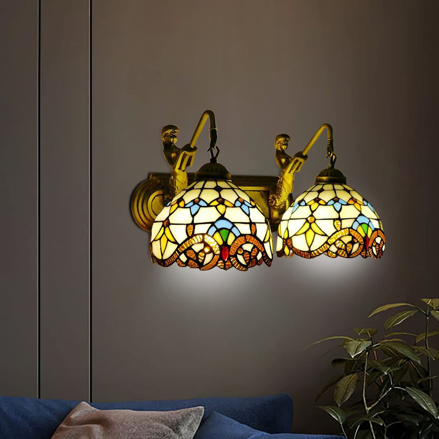 YIYIBYUS Tiffany Style Wall Sconce Stained Glass Shade Wall Lamp Indoor Lighting Fixture,Stained Glass Vintage Antique Light for Bedroom Living Room