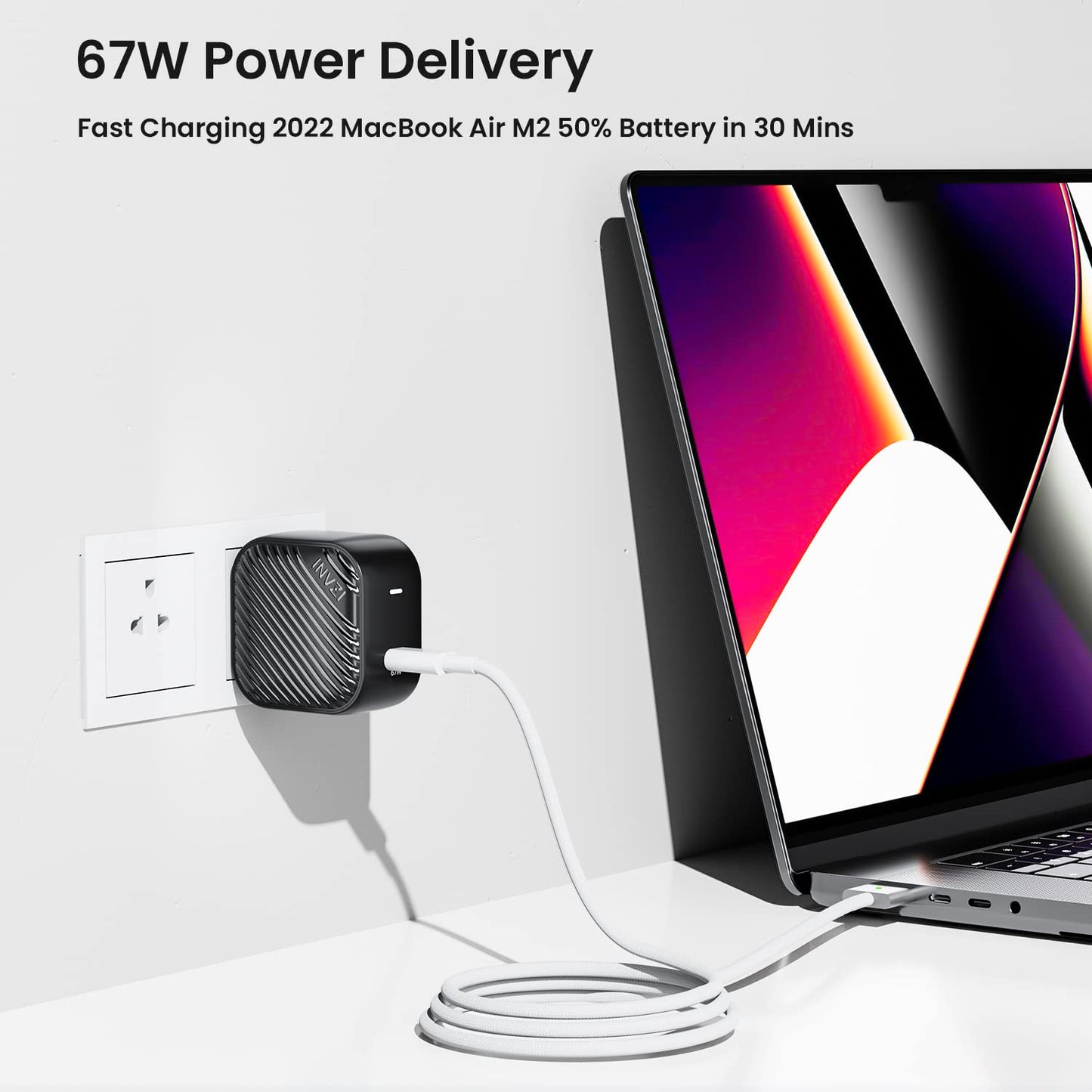 INVZI GaNHub USB C Charger 67W, GaN III PPS Mini Fast Foldable Power Adapter with USB-C Cable for MacBook Pro/Air, Galaxy S24, Dell XPS, HP, iPhone