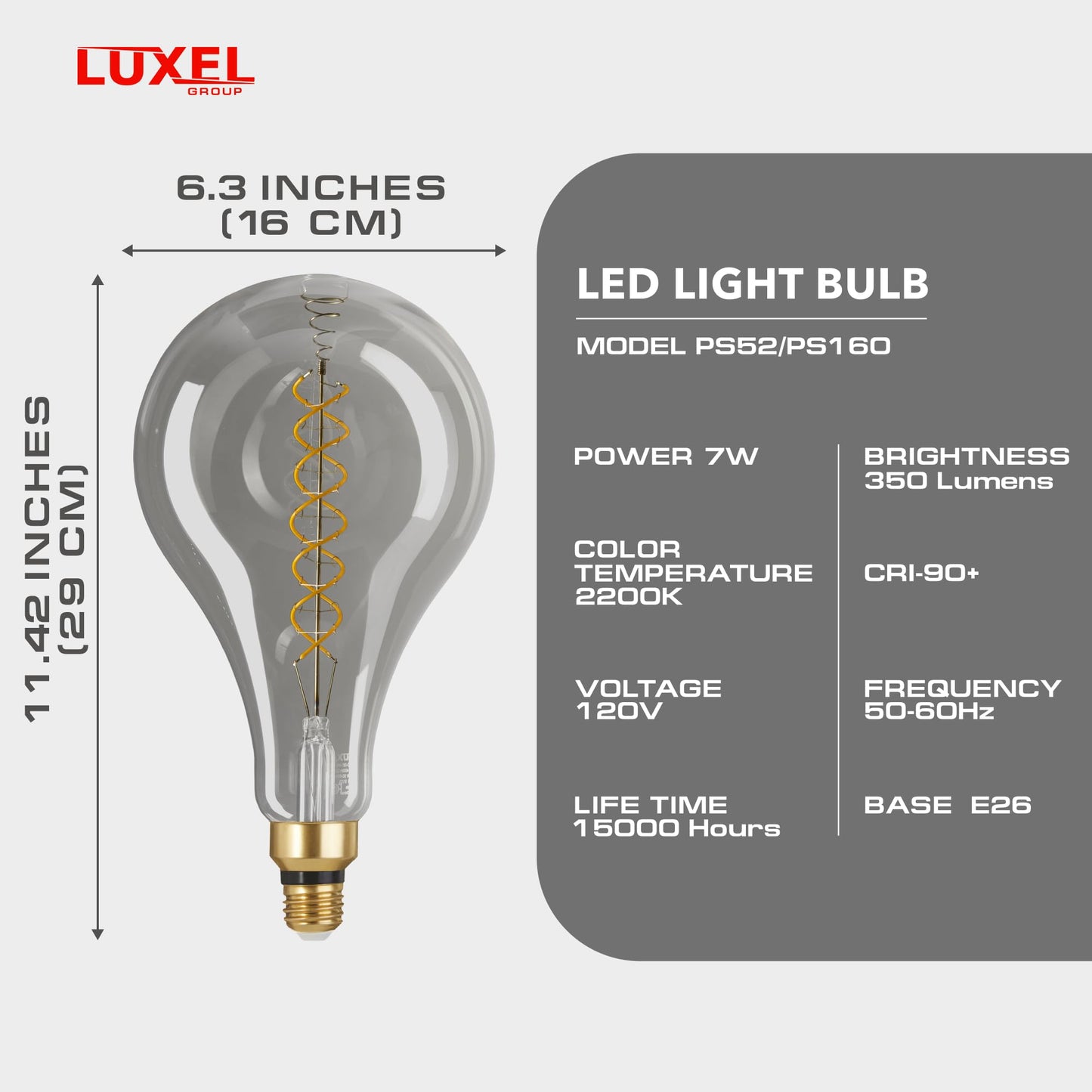 LUXEL GROUP Oversized Edison LED Light Huge Bulb Vintage PS52(PS160) 7W Equivalent 40W - Dimmable 2200K Warm Glow 400 Lumens E26 Base - Large Filament