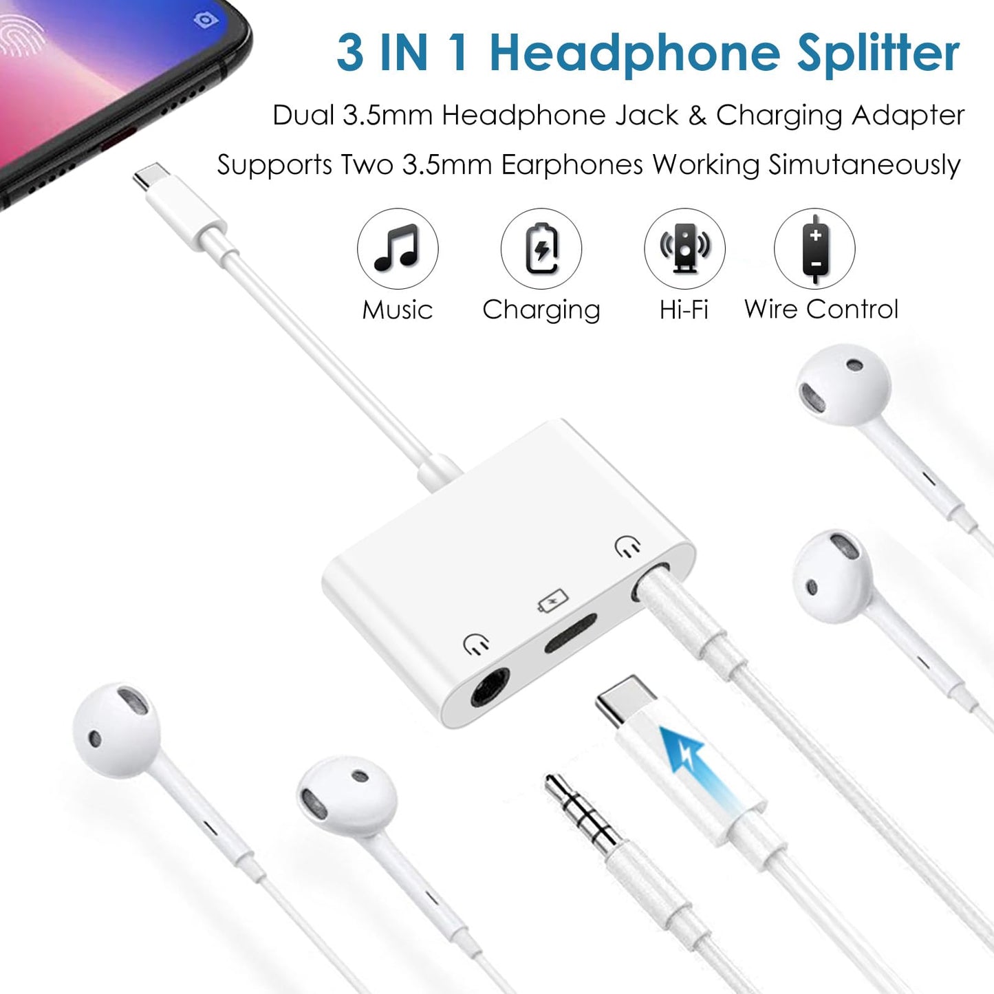 USB C to 3.5mm Audio Adapter, 3-in-1 Aux to USB C Headphone Splitter, 3.5mm to USB C iPhone headphone adapter with PD Fast Charging Compatible