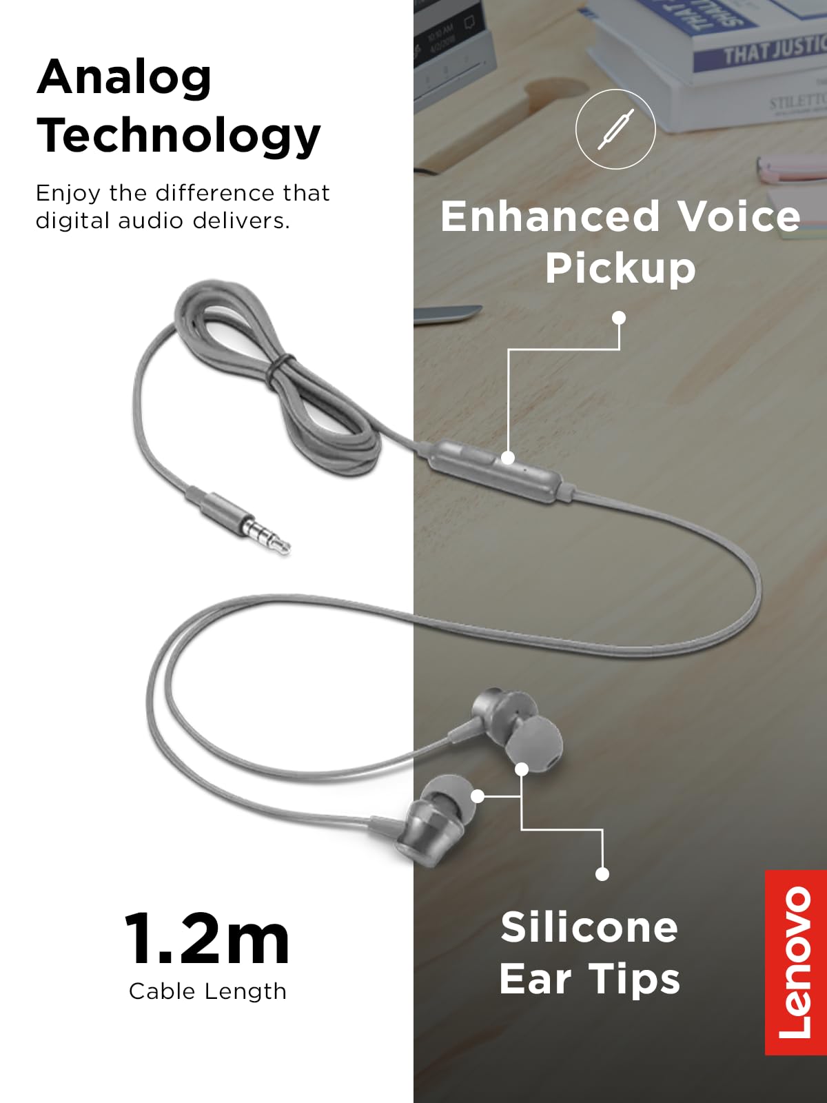 Lenovo - 110 Analog in-Ear Headphones - in-Line Microphone - 3.5mm Connectivity - Play & Pause Button - 3 Sizes of Ear Tips Included,Grey