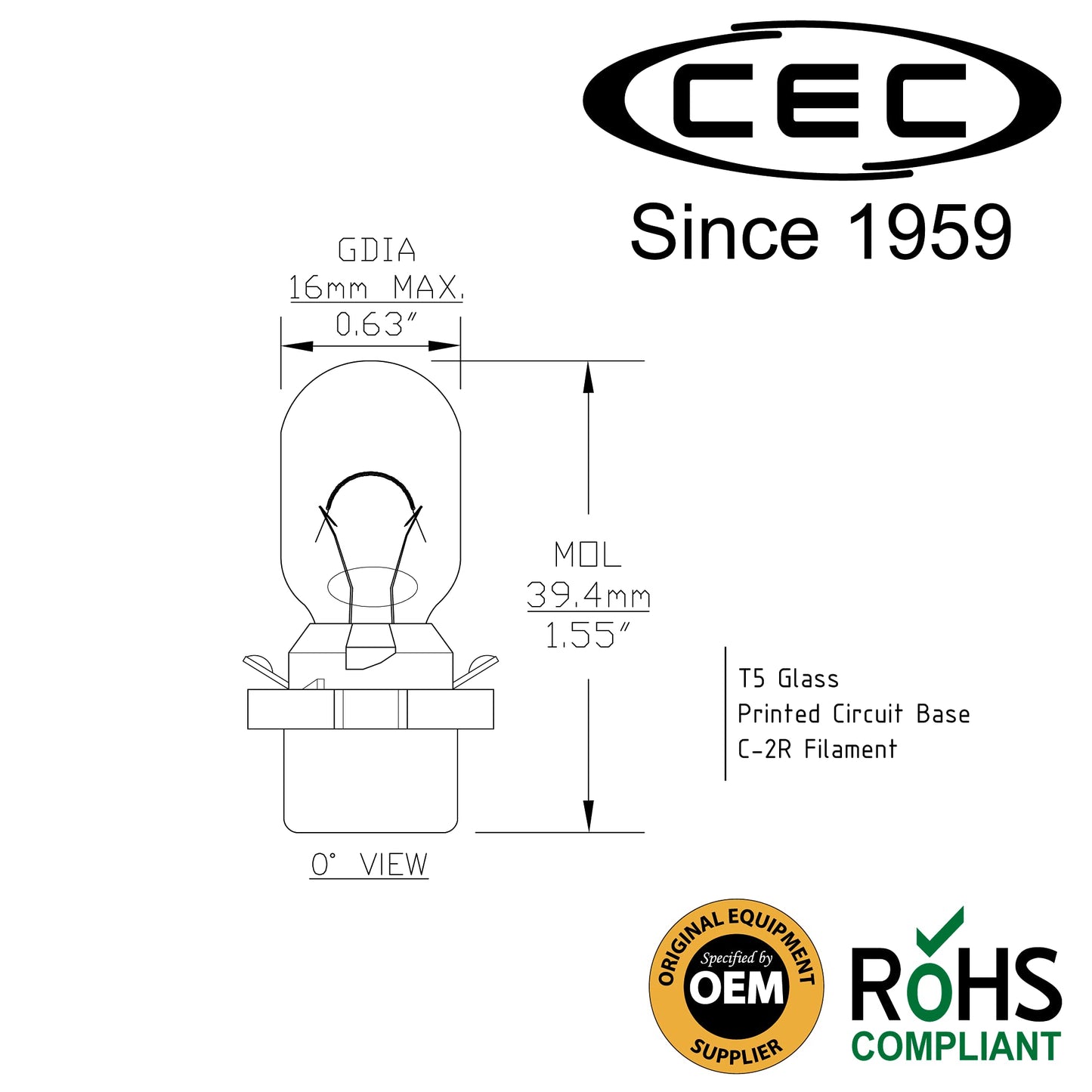CEC Industries PC579 Bulbs, 12.8 V, 10.2 W, Printed Circuit Base, T-5 shape (2-pack)