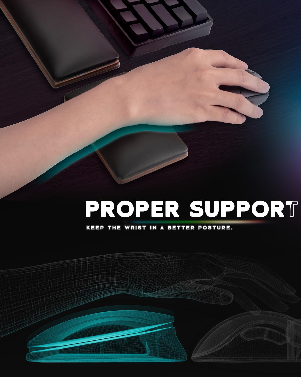 ASFSKY RGB Keyboard and Mouse Wrist Rest Set for 60%-75% Compact Keyboards - Ergonomic Wooden Support Pad with PU Leather & Memory Foam, Anti-Slip