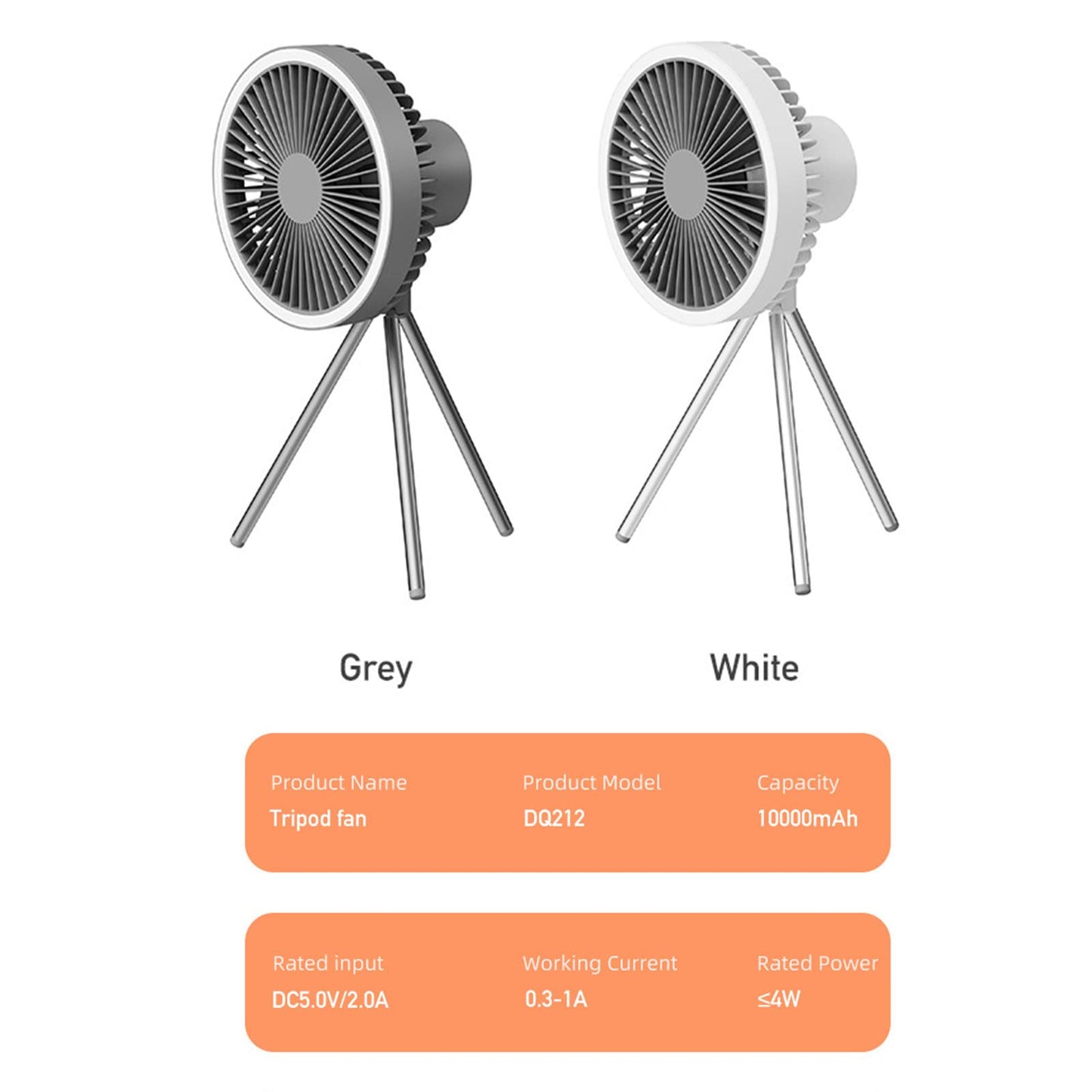 Fay Bless Tent Fan with A Tripod, Desk Fan with Light,18 * 18cm, 560g, 10000mAh, Work Time 27H (Gray)