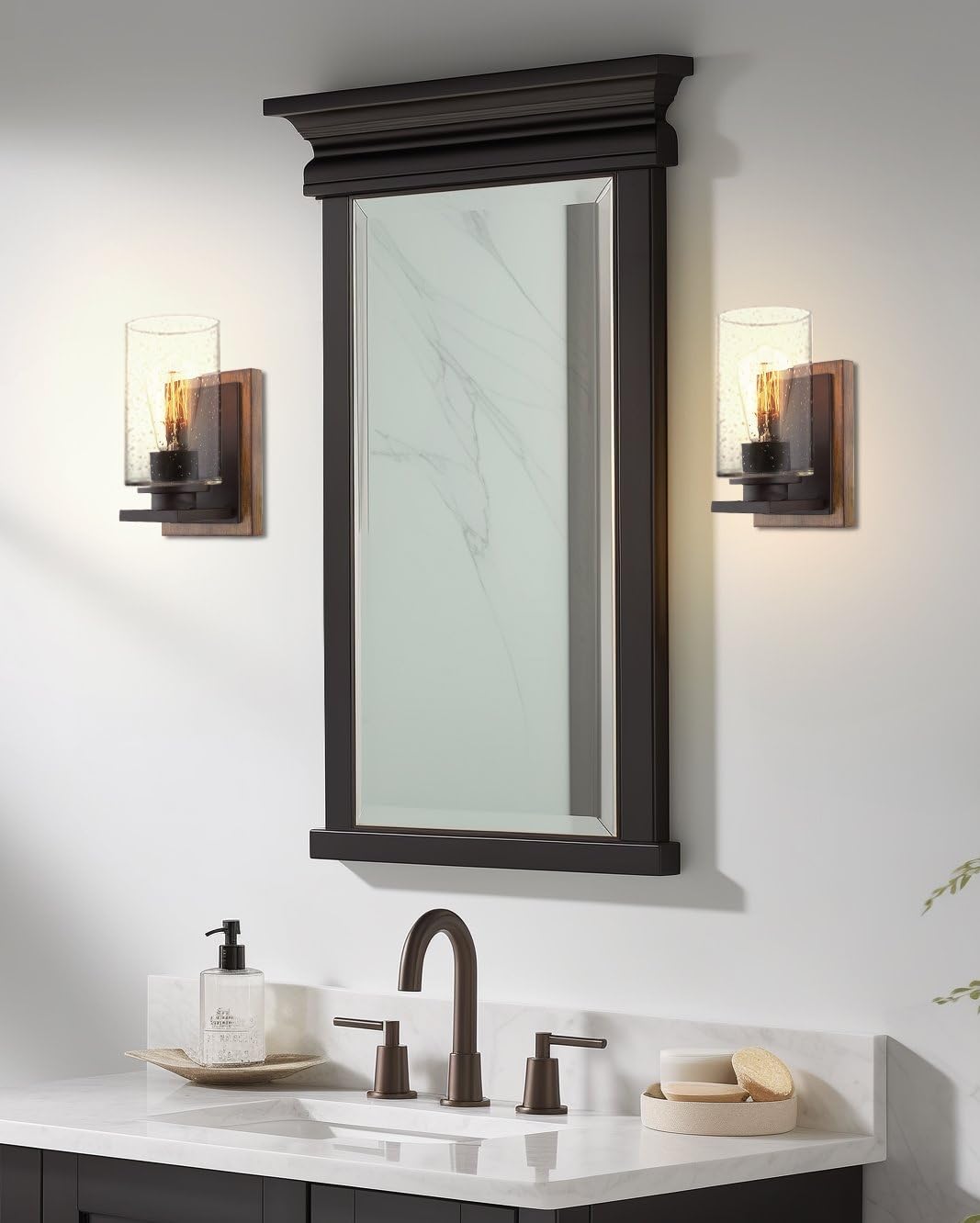 Kira Home Sedona 9" Rustic Farmhouse Wall Sconce with Clear Seeded Glass Shade, Hand-Painted Wood Grain Metal, Walnut Wood and Oil Rubbed Bronze