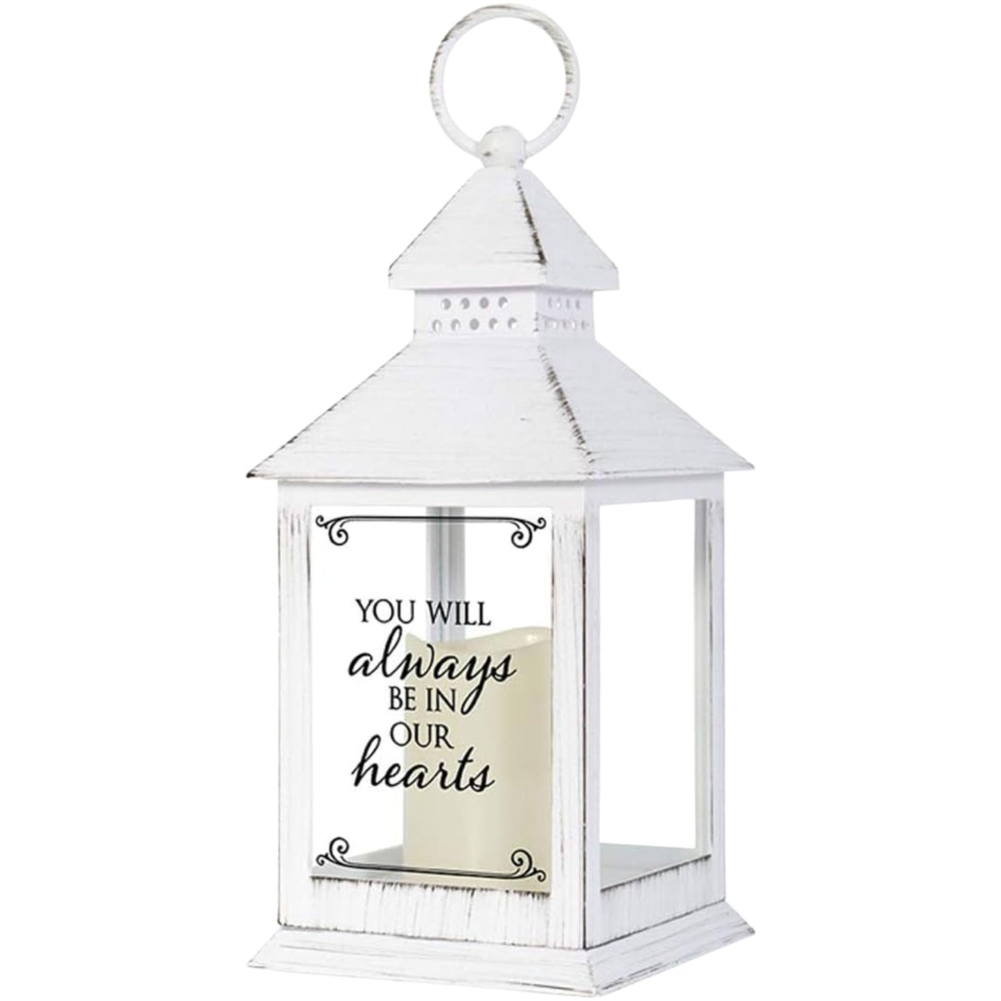 Distressed White Memorial Lantern with Flameless Candle (Always in Our Hearts)