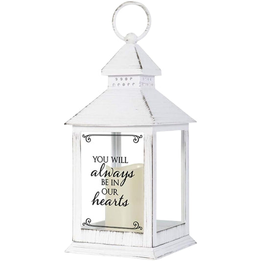Distressed White Memorial Lantern with Flameless Candle (Always in Our Hearts)