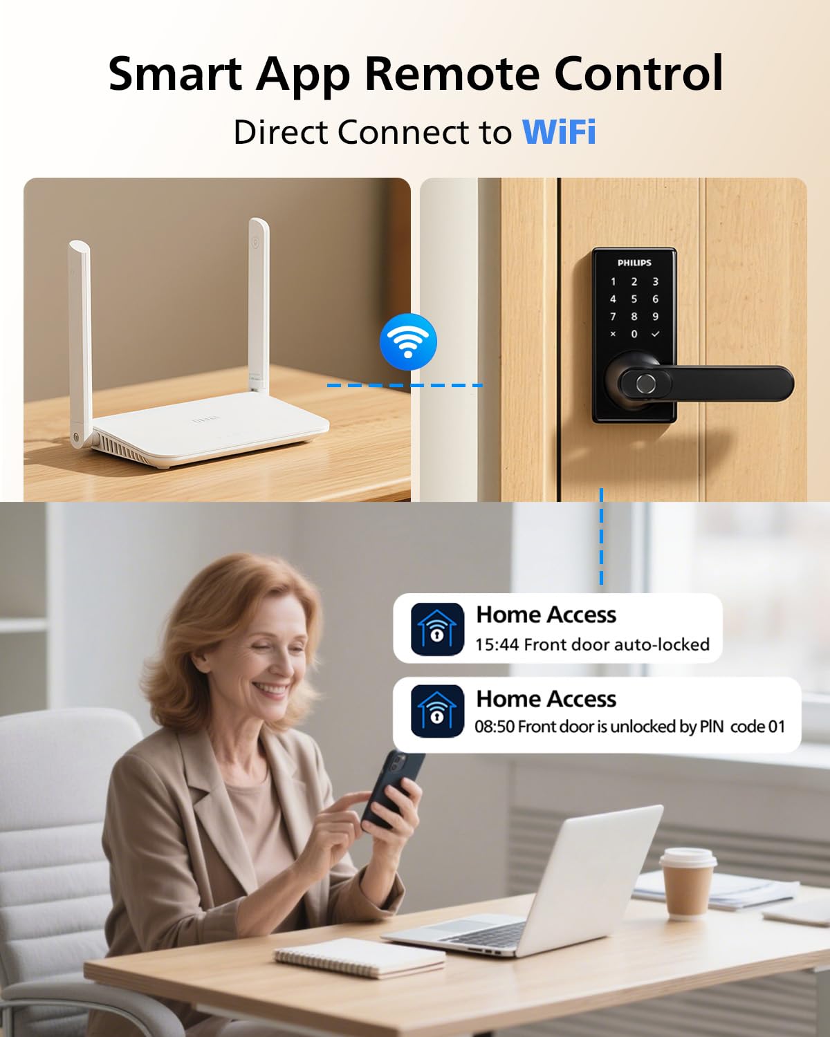 Philips Wi-Fi Smart Door Lock with Handle, Keyless Entry Door Lock for Front Door Lock Set with App Remote Control, Fingerprint Door Handle Lock