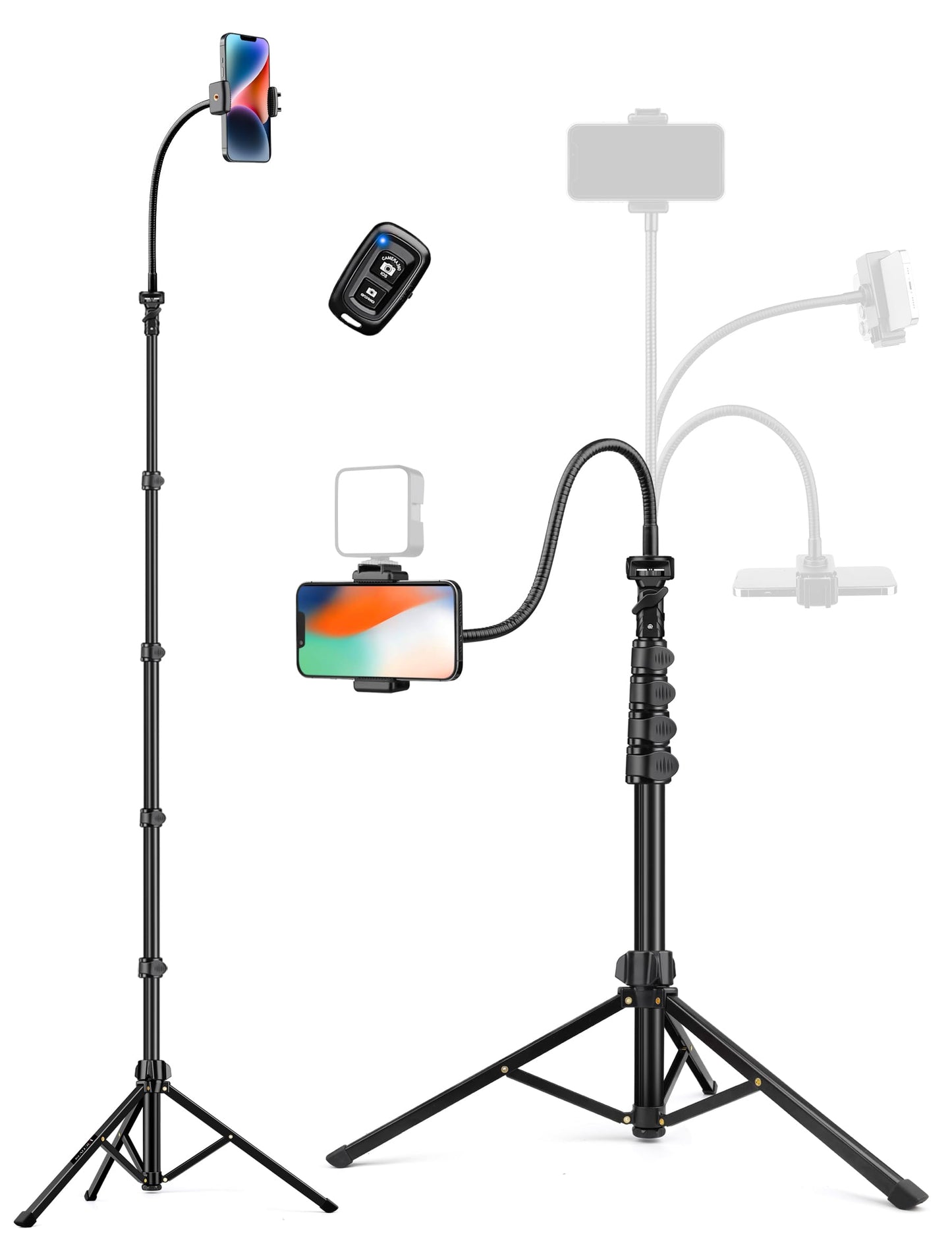 Phone Tripod, 86" Tall Tripod for iPhone with Flexible Gooseneck & Remote, Portable Aluminum Cellphone Stand for Selfies, Video Recording,Travel
