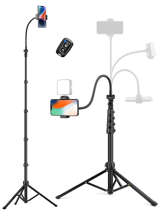 Phone Tripod, 86" Tall Tripod for iPhone with Flexible Gooseneck & Remote, Portable Aluminum Cellphone Stand for Selfies, Video Recording,Travel
