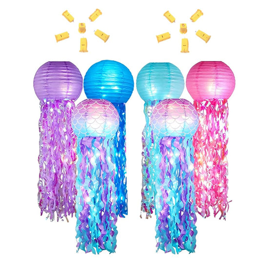 6PCS Mermaid Jellyfish Paper Lanterns with 12 PCS LED Lights Decorative Hanging Electric Paper Lanterns 10inch Colorful for for Ocean Birthday, Baby