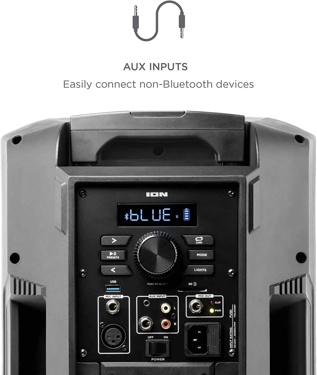 ION Audio - Power Glow 300 Rechargeable Battery Powered Bluetooth Speaker System with LED Lights and Built-in Handles and Wheels, 300-Watt Sound
