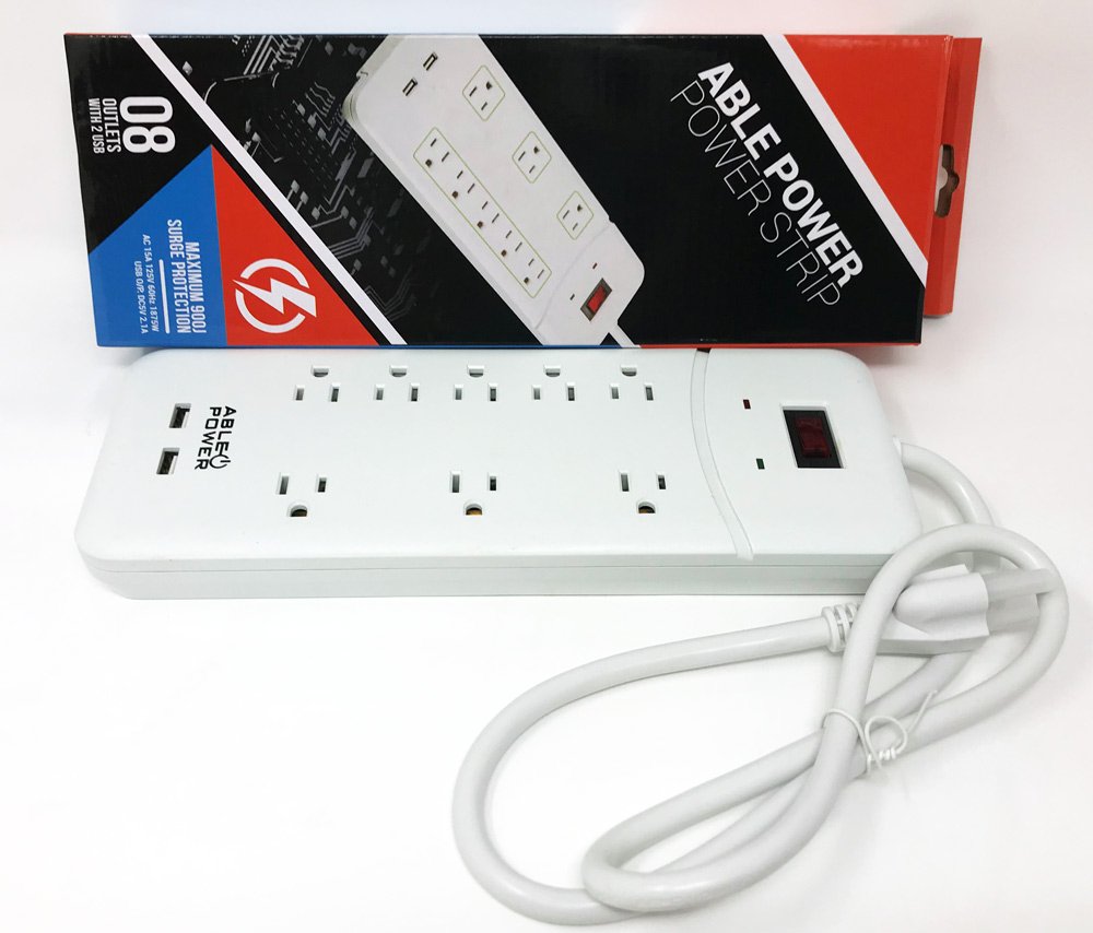 AblePower 8 Outlet Power Strip Surge Protector with 2 USB and transformer slots 3ft 15A 125V 900J