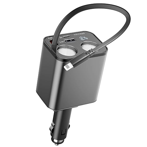 Paiholy 5 in 1 Retractable Car Charger Cigarette Lighter Splitter,159W Fast Car Charger with Retractable Cable,Dual USB Port&Dual Cigarette