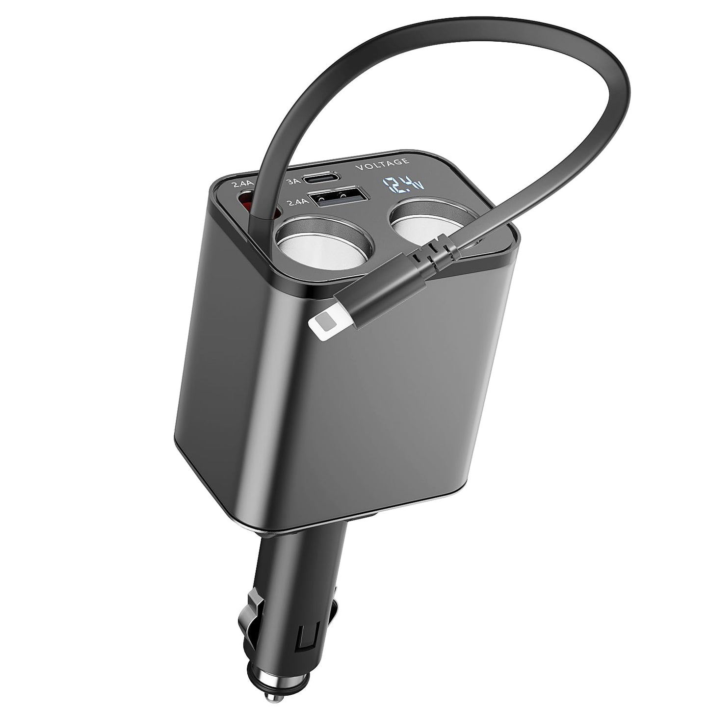 Paiholy 5 in 1 Retractable Car Charger Cigarette Lighter Splitter,159W Fast Car Charger with Retractable Cable,Dual USB Port&Dual Cigarette