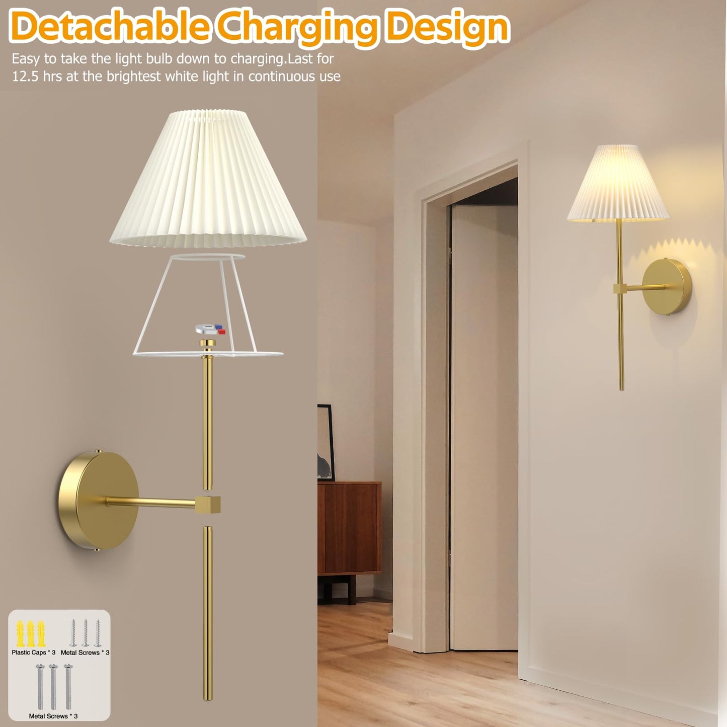 Hudyogy Battery Operated Wall Sconces Set of 2,Gold Rechargeable Wall Lights with Remote,3000mAh Dimmable 3 Timer Magnetic Bulbs,Indoor Wireless Lamps