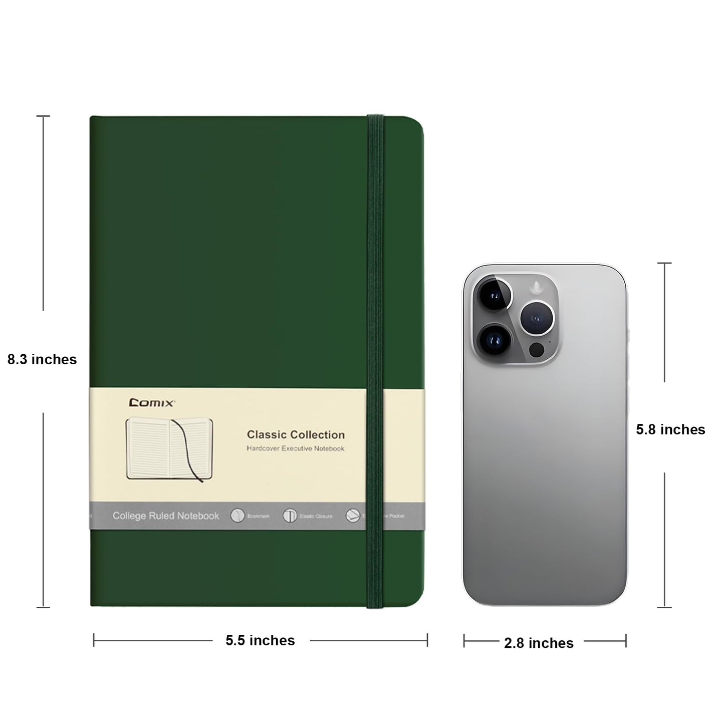 Comix Lined Journal Notebook for Women Men, Journaling Notebooks for Office School Home, Dark Green, 240 Pages, 5.5" x 8.3", College Ruled, A5
