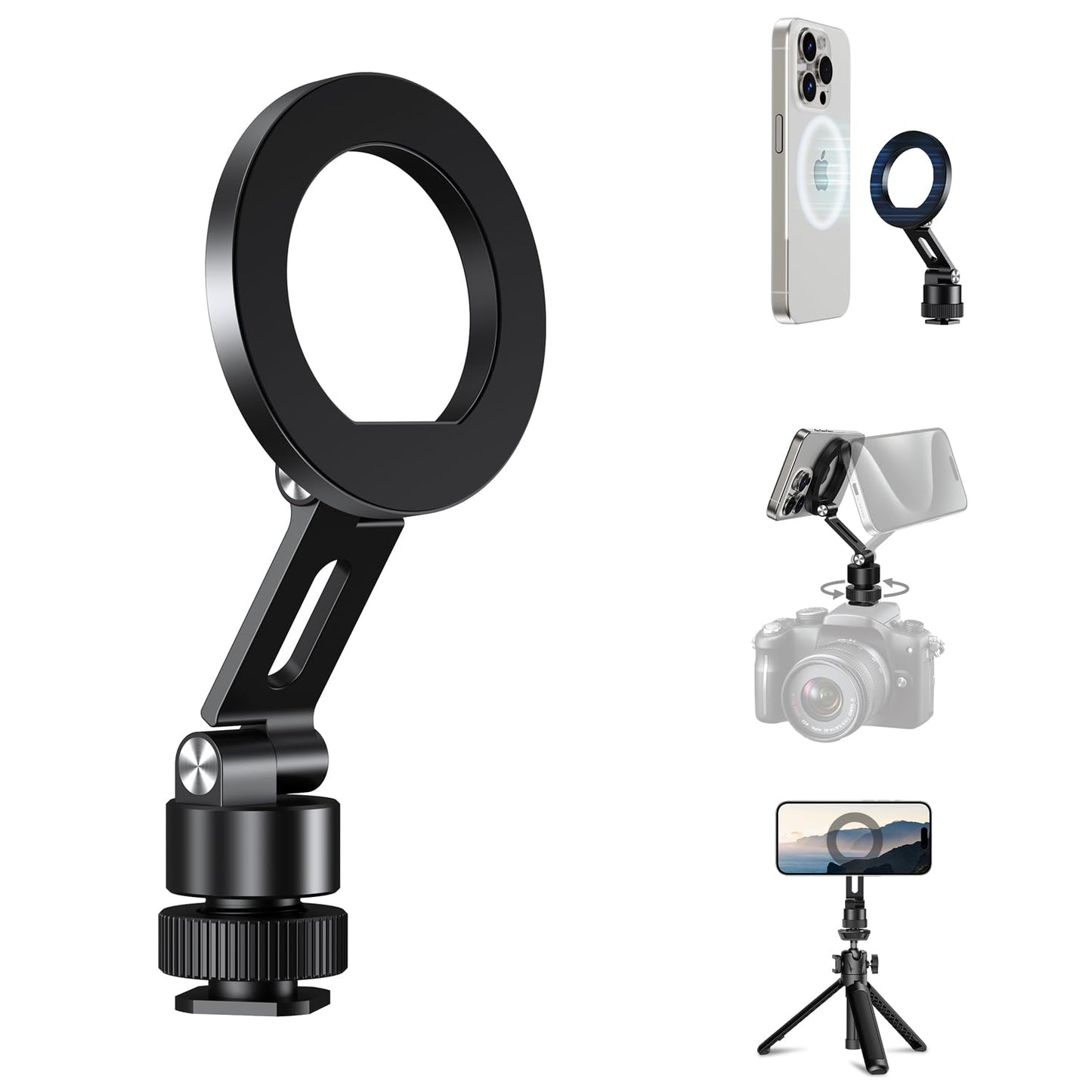 elitehood Aluminum Magnetic Camera Phone Mount with 360° Rotatable Cold Shoe Base, MagSafe iPhone Tripod Mount Adapter with 1/4” Screw & Hot Shoe