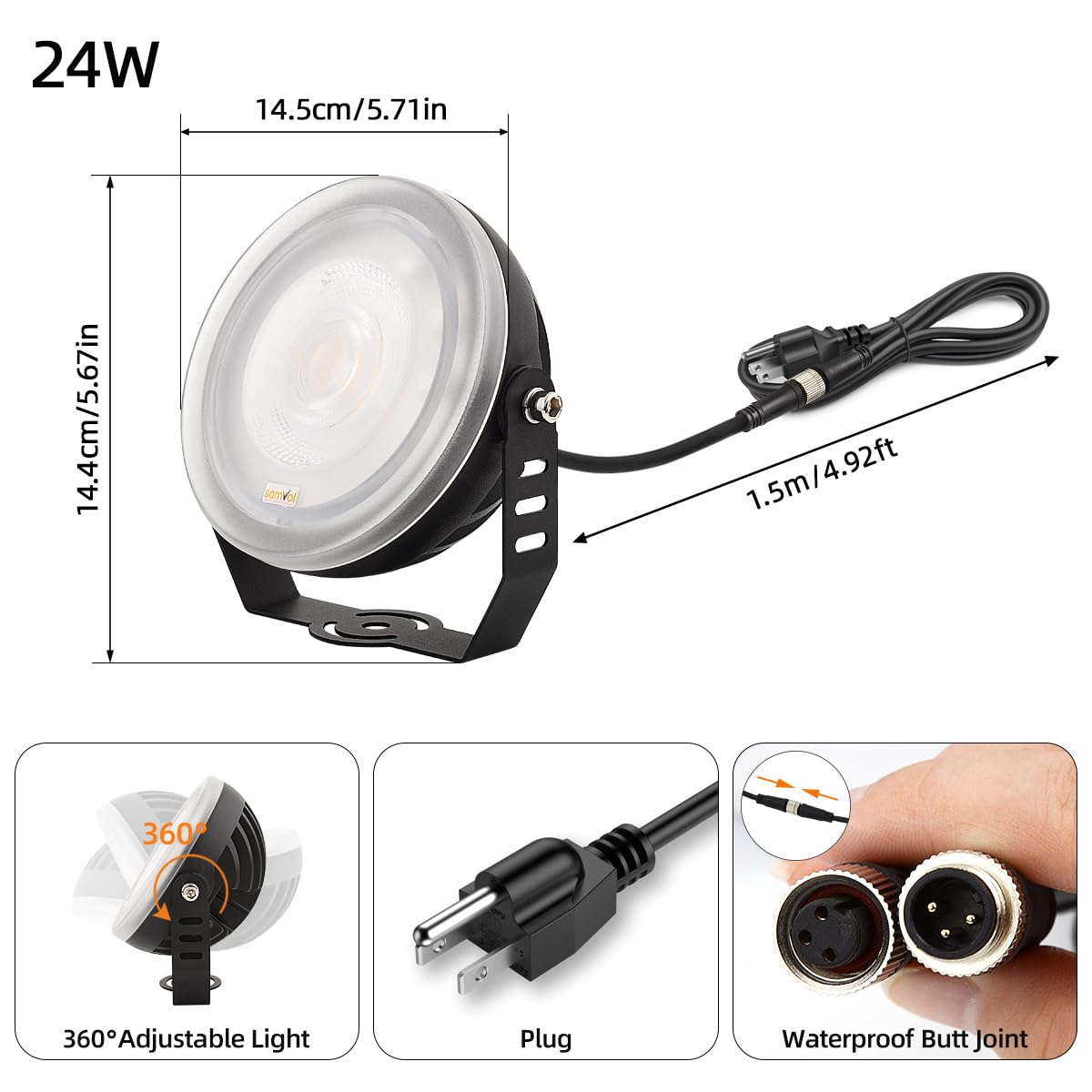 SAMVOL 24W LED Edge-Lit Landscape Spotlight IP67 Waterproof 120V 3000K Thickened Aluminum 270° Adjustable Bracket for Yard Garden Tree Architectural