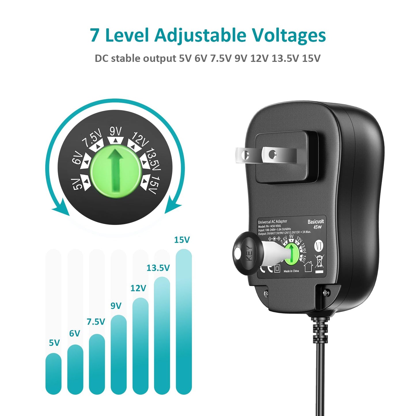 Basicvolt Universal Power Supply 5V 6V 7.5V 9V 12V 13.5V 15V 3A 2.5A AC DC Power Adapter 45W Wall Charger Cord with 5V 2A USB Port and 11 Tips…