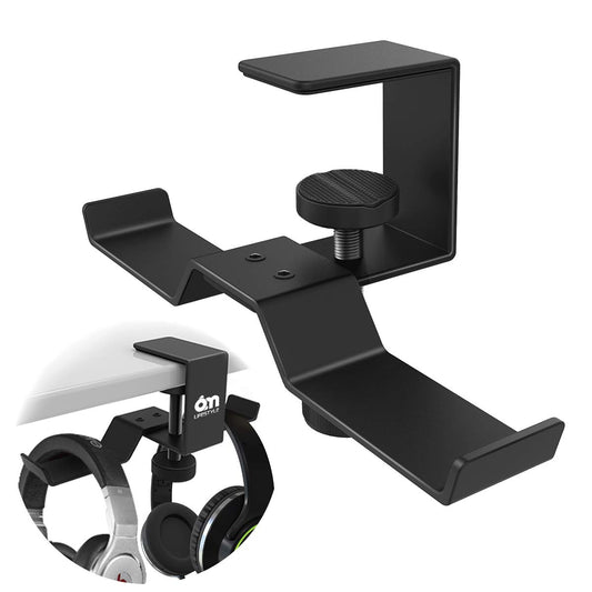 6amLifestyle Under Desk Dual Headphone Hanger, Metal Headset Stand Gaming Earphone Holder Universal Clamp on Desk Hanger Hook for All Headsets, Black