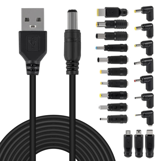 MELIFE USB to DC 5V Power Cord, Universal DC 5.5x2.1mm Plug Jack Charging Cable with 20 Connector Tips, 3.3ft USB C to DC Adapter Compatible with 5V