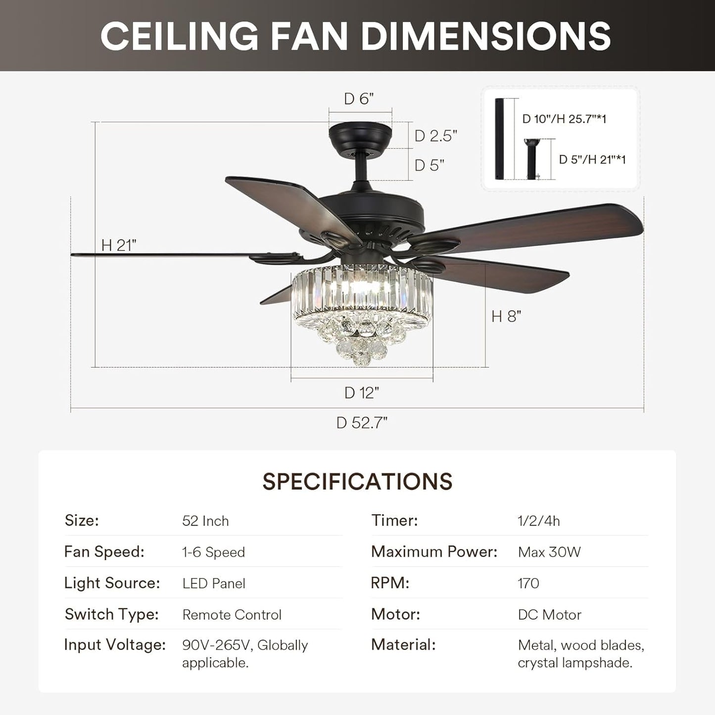 NOXARTE 52 Inch Crystal Ceiling Fan with Light, Modern LED Fandelier with Remote, Black Chandelier Fan Reverse Motor Wood Blades with 6 Speeds