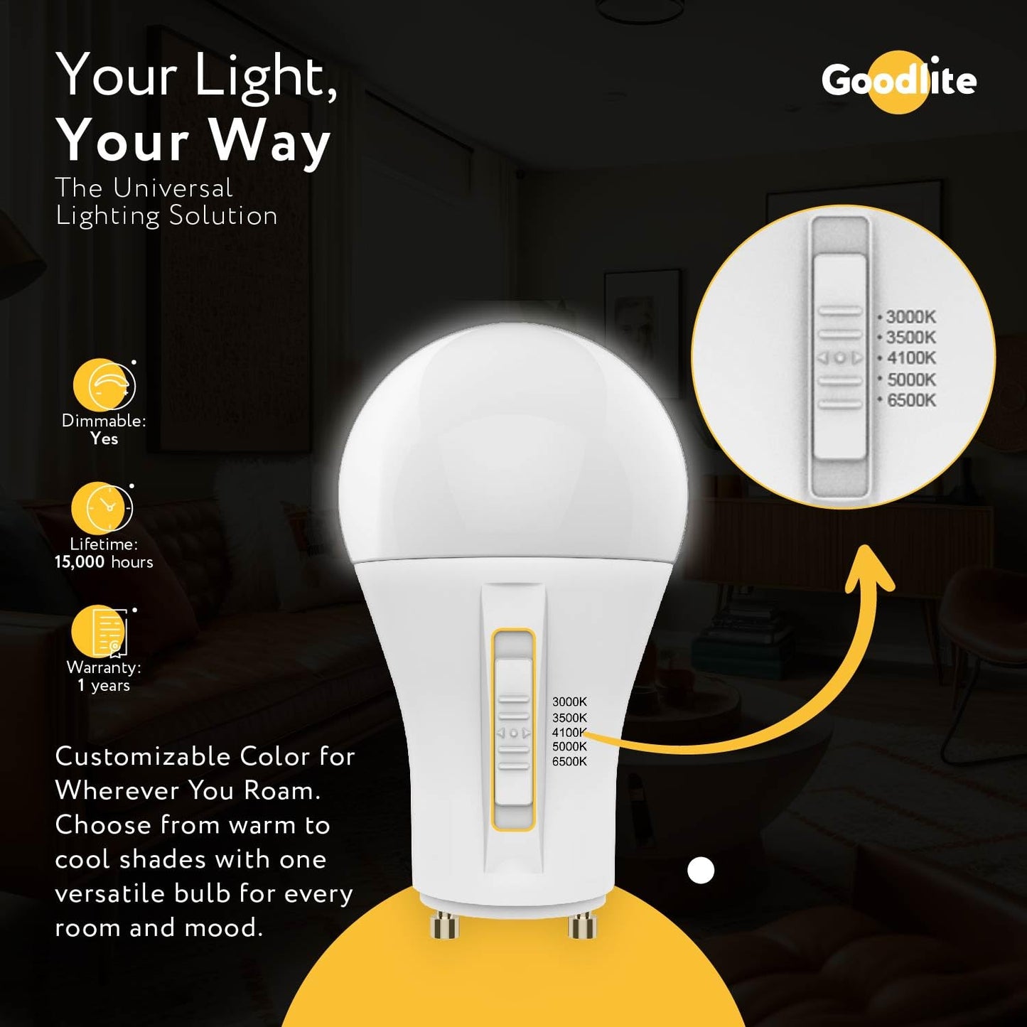 Goodlite GU24 Base A19 LED Bulb, 5 Color Selectable 3000K-3500K-4100K-5000K-6500K, 1500 Lumens, 15 Watt (100W Equivalent), High CRI, 5% Dimmable, UL
