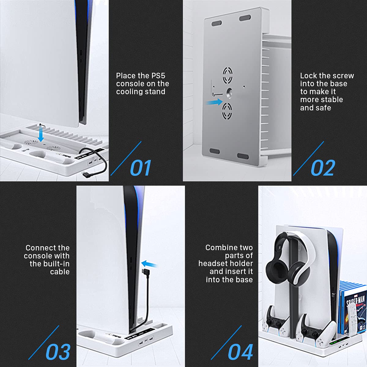 Geliebt Lynn PS5 Cooling Stand with Fast PS5 Controller Charger, White