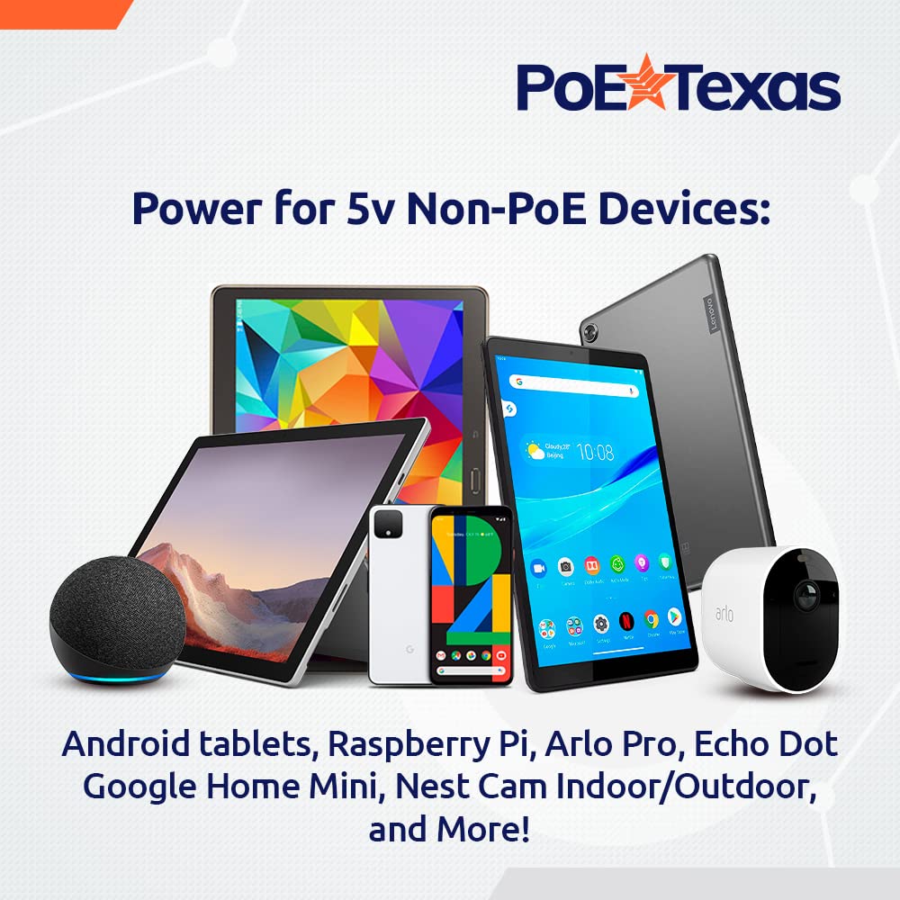 PoE Texas 802.3af Power Over Ethernet PoE Splitter + MicroUSB Connectors, 5 Volts 10 Watts Output & Gigabit Data - for 5V Power to Tablets, Dropcam