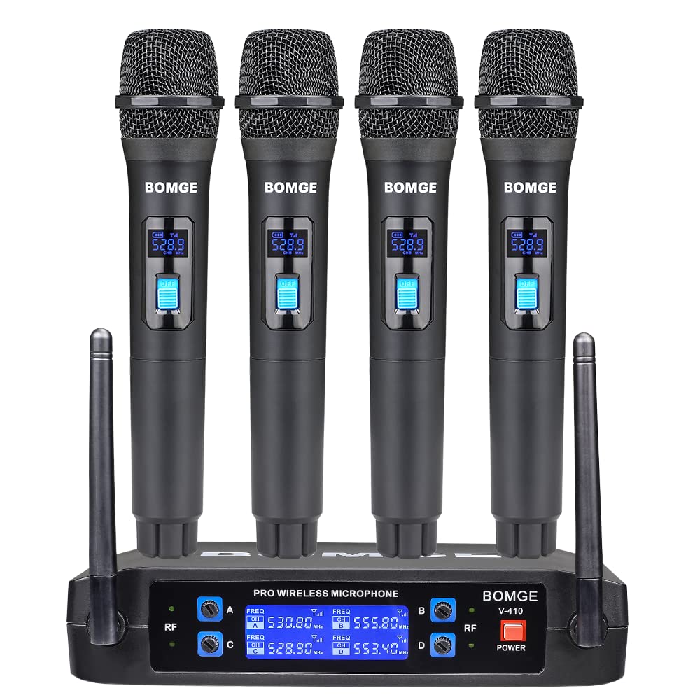 BOMGE Wireless Microphone System, Pro 4-Channel Cordless Mic Set with Four Handheld Mics, Fixed Frequency, Long Range 200ft, Ideal for Church,Karaoke